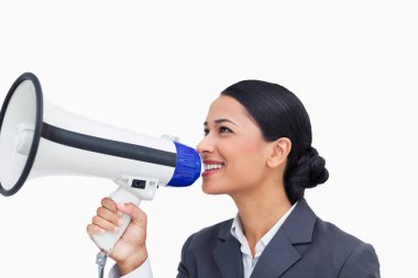 Close up of smiling saleswoman with megaphone clipart