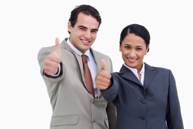 Smiling salespeople giving thumbs up clipart