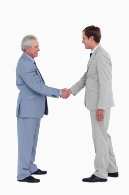 Side view of smiling tradesmen shaking hands clipart