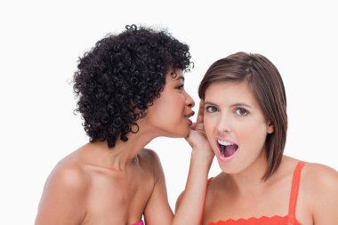 Teenage girl telling a surprising secret to a friend clipart