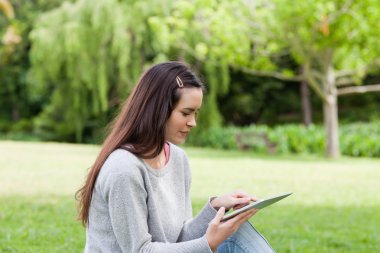 Young relaxed woman sitting in a park while using her tablet pc clipart