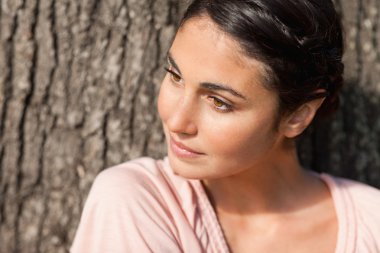 Woman looking to her side while sitting by a tree with the sun s clipart