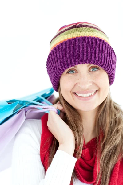 Šťastná žena držící nákupní tašky — Stock fotografie