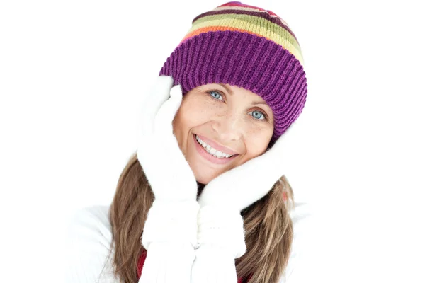 Cheerful woman smiling against — Stock Photo, Image
