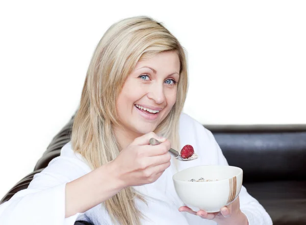 Cheerful woman having a breakfast — Stock Photo, Image