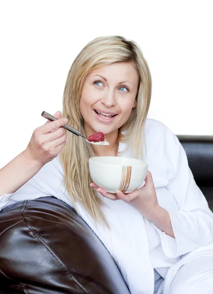 Delighted woman having a breakfast — Stock Photo, Image