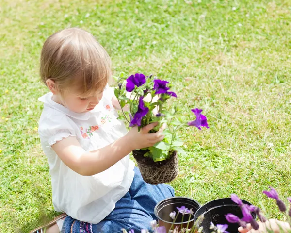 Barnet håller en blomma — Stockfoto