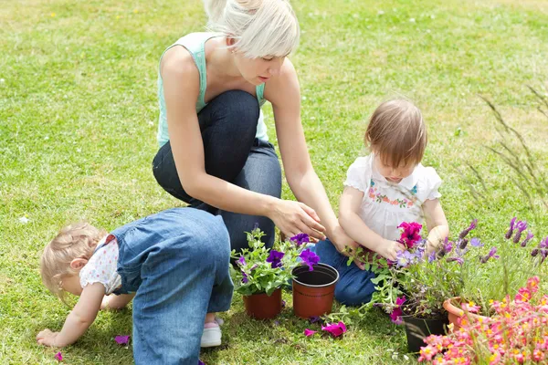 Familie in de tuin met bloemen — Stockfoto