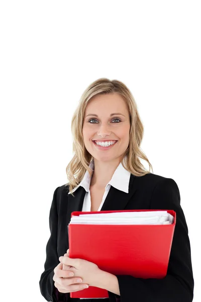 A portrait of a smiling woman holding a file — Stock Photo, Image