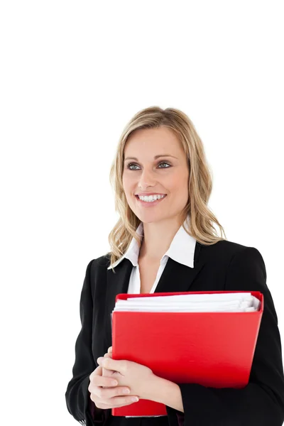 En säker affärskvinna som håller en röd fil — Stockfoto
