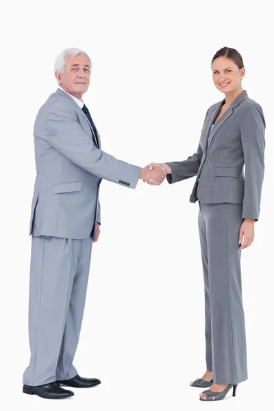 Businessman and woman shaking hands — Stock Photo, Image