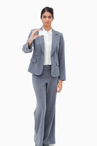 Saleswoman showing blank business card — Stock Photo, Image