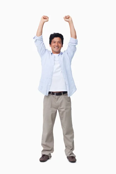 Animando a los hombres con los brazos arriba — Foto de Stock