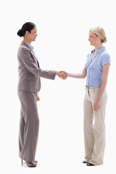 Women shaking hands happily — Stock Photo, Image