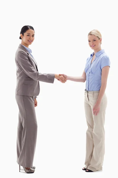 Smiling women shaking hands — Stok fotoğraf