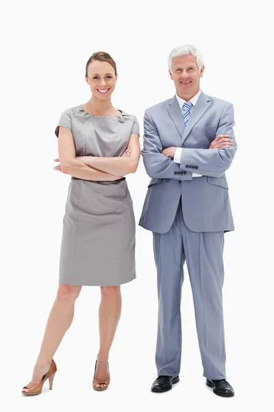 White hair man with woman crossing their arms and smiling — Stock Photo, Image