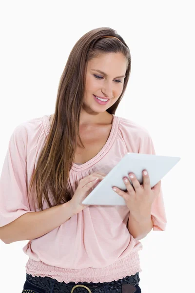 Close-up of a girl using a touchpad — Stock Photo, Image