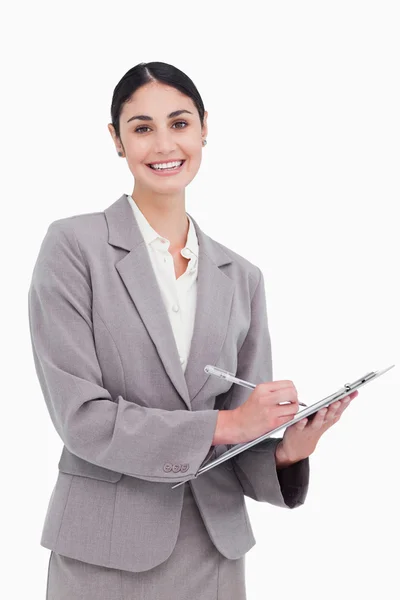 Lächelnde Geschäftsfrau bereit, Notizen zu machen — Stockfoto