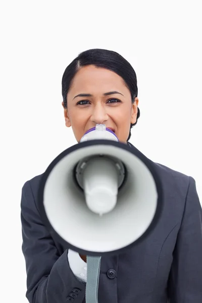 Close up of saleswoman with megaphone — Stock Photo, Image
