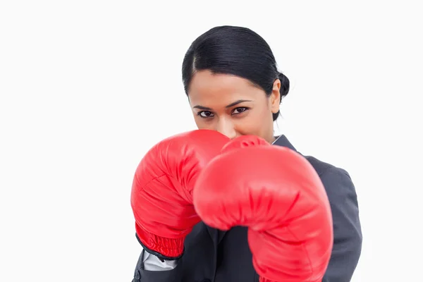 Close up of aggressive saleswoman with boxing gloves — Stock Photo, Image