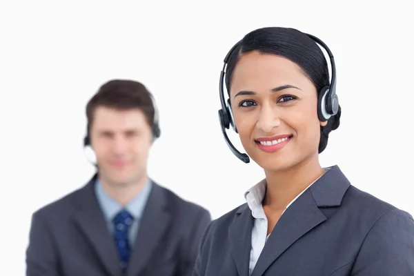 Close up of smiling call center agents — Stock Photo, Image