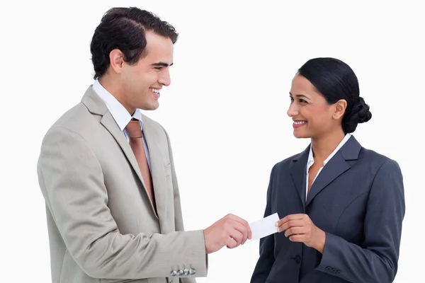 Smiling business exchanging business cards — Stock Photo, Image