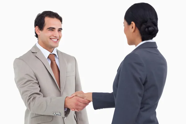 stock image Smiling businessman shaking hand of businesspartner