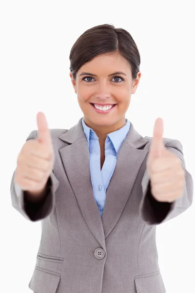 Close up of thumbs up given by female entrepreneur — Stock Photo, Image