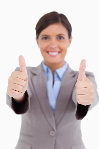 Close up of thumbs up given by female entrepreneur — Stock Photo, Image