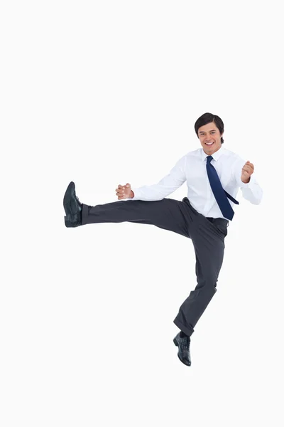Happy jumping tradesman — Stock Photo, Image