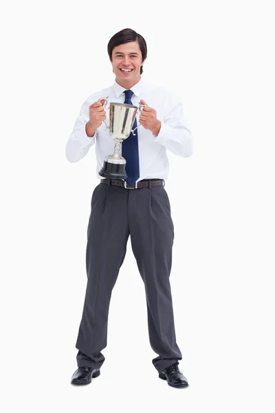 Smiling tradesman holding cup — Stock Photo, Image