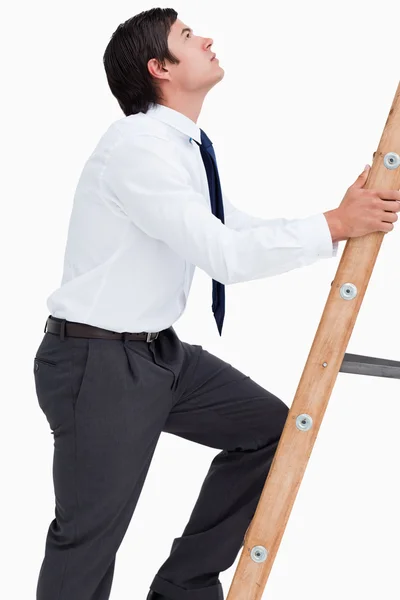 Seitenansicht eines jungen Handwerkers, der eine Leiter erklimmt — Stockfoto