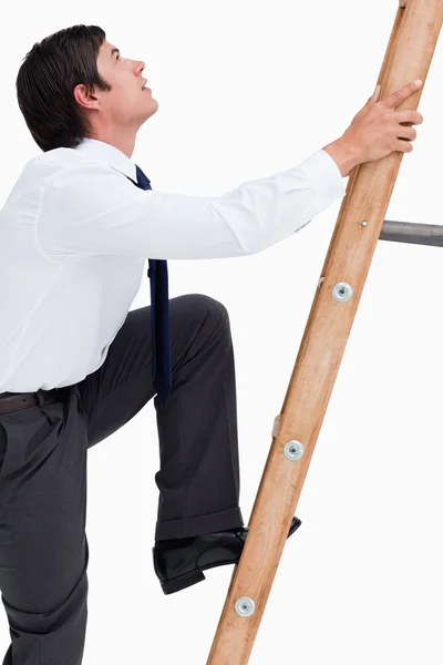 Seitenansicht eines jungen Handwerkers, der eine Leiter erklimmt — Stockfoto