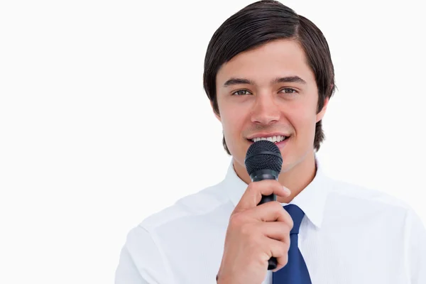 Close up of tradesman with microphone — Stock Photo, Image