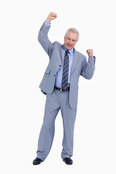 Cheering mature tradesman with arm risen — Stock Photo, Image