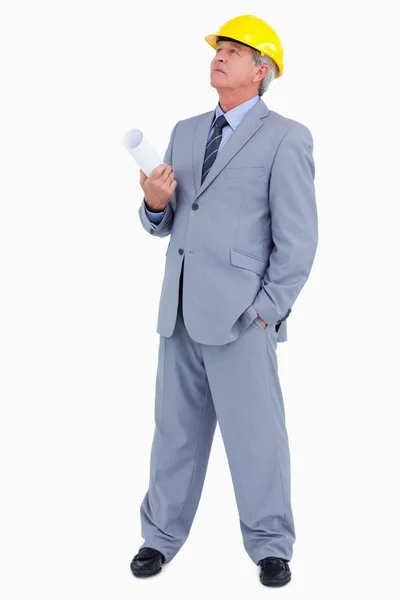 Mature architect with plans and helmet — Stock Photo, Image