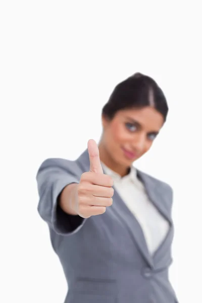 Thumb up given by female entrepreneur — Stock Photo, Image
