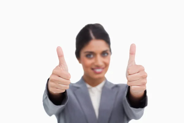Thumbs up given by female entrepreneur — Stock Photo, Image