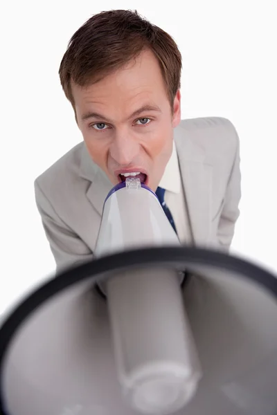 Uomo d'affari urla attraverso il megafono — Foto Stock