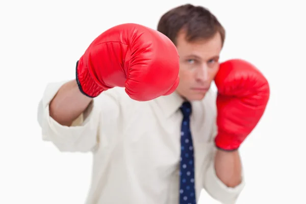 Punching businessman with boxing gloves — Stock Photo, Image