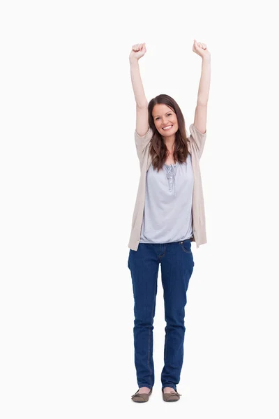 Smiling woman with arms risen — Stock Photo, Image