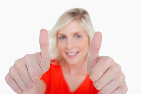 Thumbs up showed by a young blonde woman — Stock Photo, Image