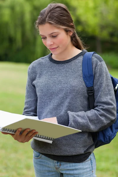 젊은 여자는 공원에서 위로 서 있고 있는 동안 그녀의 노트북을 읽고 — 스톡 사진