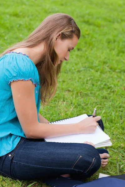 Vážné mladá dívka psaní na její zápisník, zatímco sedí na — Stock fotografie