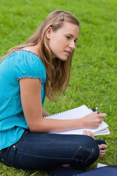 Atraktivní mladá dívka sedět v parku a přitom její hom — Stock fotografie