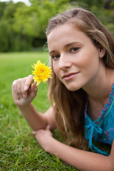 Junges entspanntes Mädchen, das im Gras in einem Park liegt, während es eine — Stockfoto