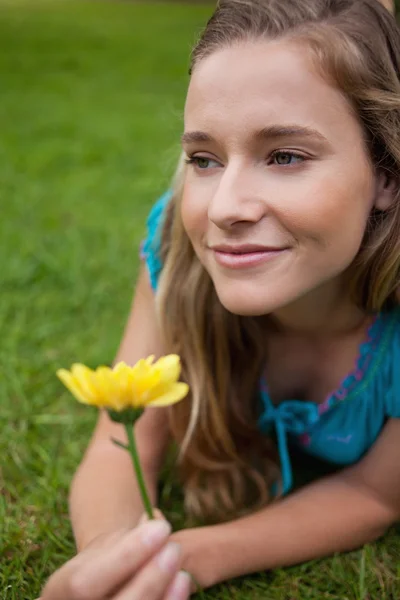 年轻体贴的女孩躺在草地上，拿着一朵花 — 图库照片