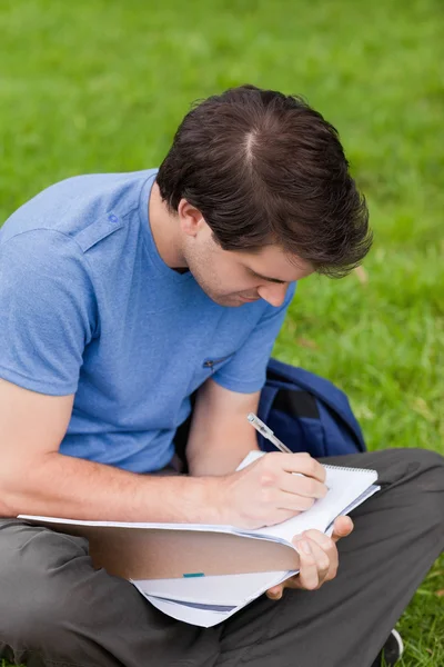 Молодой студент сидит на траве и пишет на блокноте. — стоковое фото