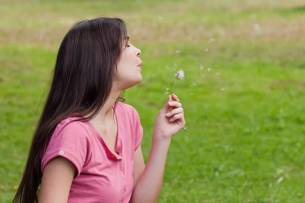 Ontspannen jongedame waait een paardebloem — Stockfoto