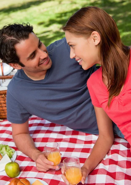 Bir battaniye bir piknik ile yalan gülümseyen iki arkadaş yakın çekim — Stok fotoğraf